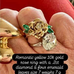 10k yellow  gold  Ring with Diamond and Emerald Accents